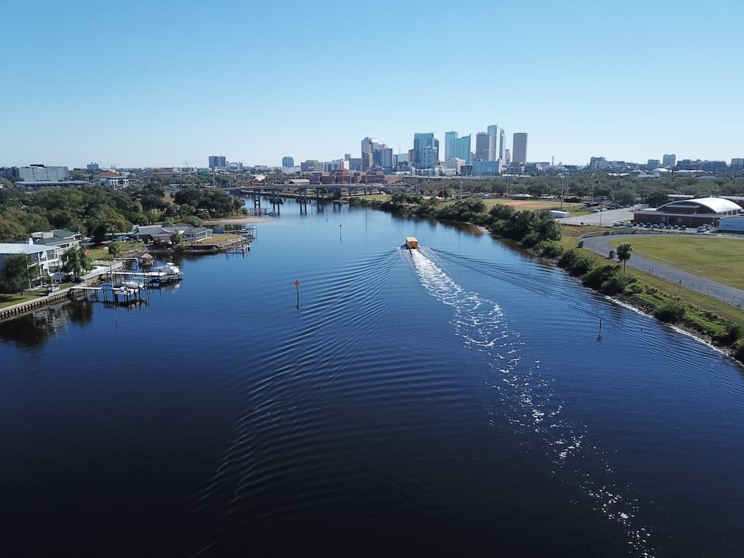 Aerial view of Tampa Bay waterfront with vacation rental properties along the coast